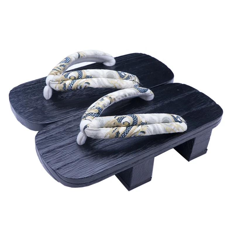 Black paulownia wooden Geta dragon pattern on upper square shape clog sandals for men Japan