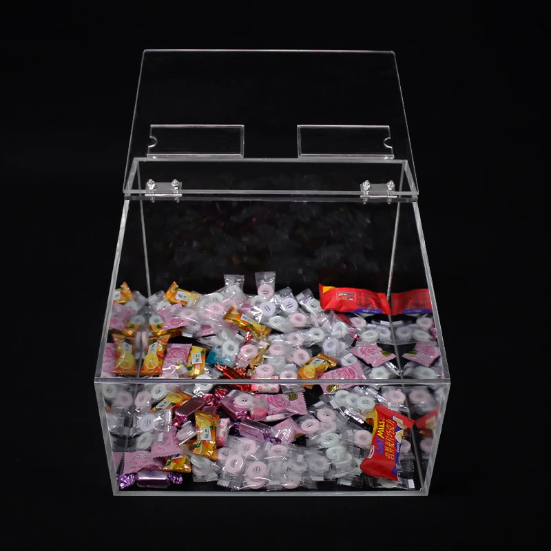 Custom sizes clear acrylic storage big box cube containers for display candy sweet food bins with price tag slot