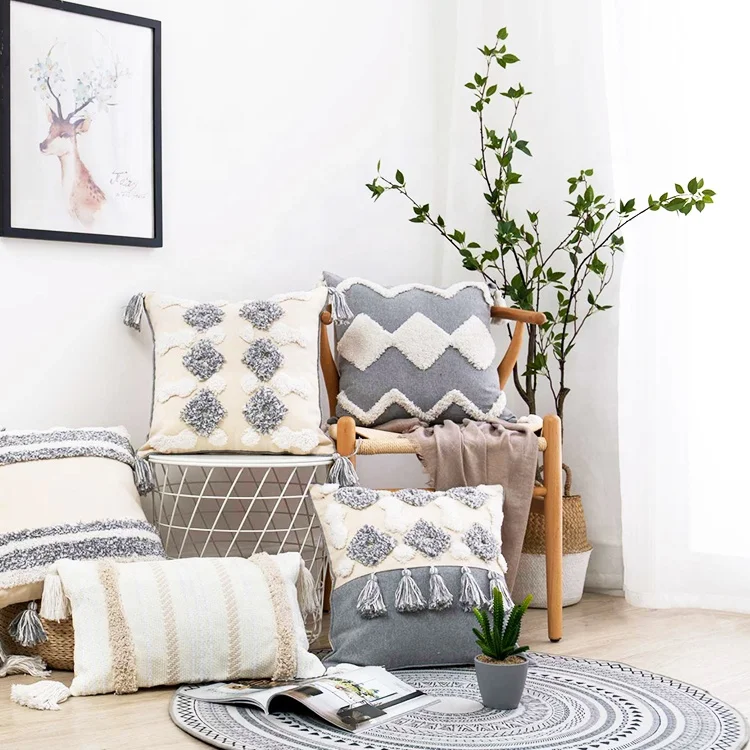 Decorative Bohemian Boho Ethnic Tassel Solid Cotton Linen Both Side  Cushion Cover For Sofa