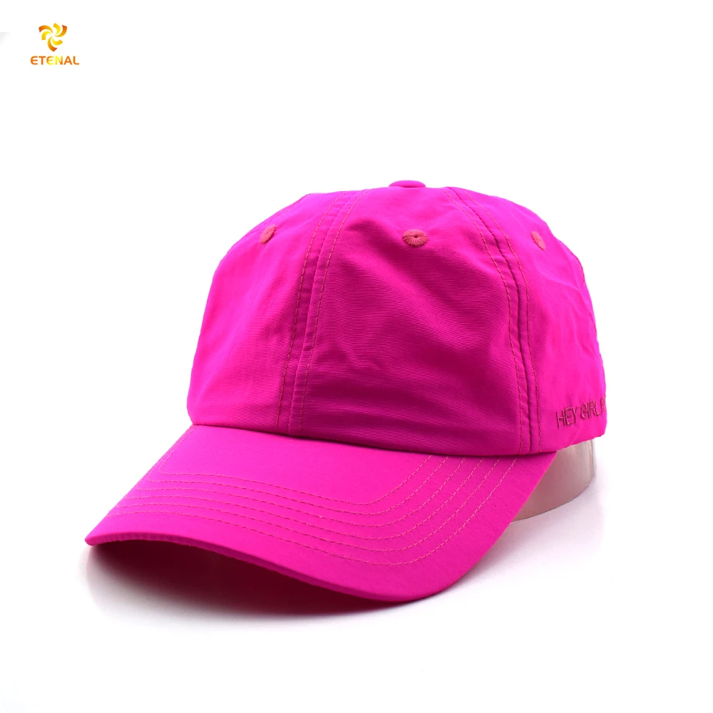 Wholesale plain neon pink nylon hat unstructured 6 panel waterproof camp sports cap