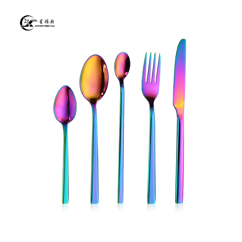 Wholesale Colorful Iridescent Spoon Fork Knife Set Stainless Steel Eco-friendly Cutlery With Ice scoop spoon