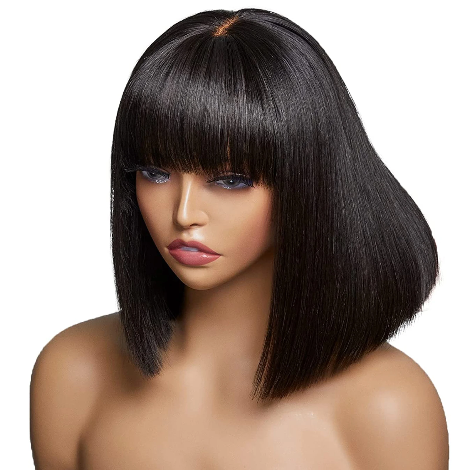 G&T 100% Human Hair Straight Bob Wig With Bangs Glueless Minimalist 2x1 Lace Scalp Bob Bang Wig For Women 180 Density
