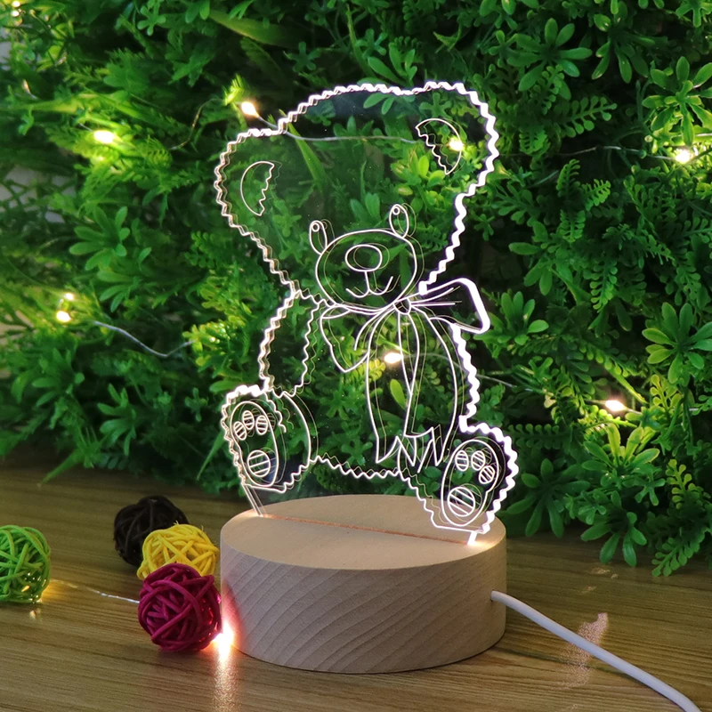 Home Decoration Lovely  Bear 3d Acrylic Table Lamp Usb Charge Acrylic Night Light With Wooden Base