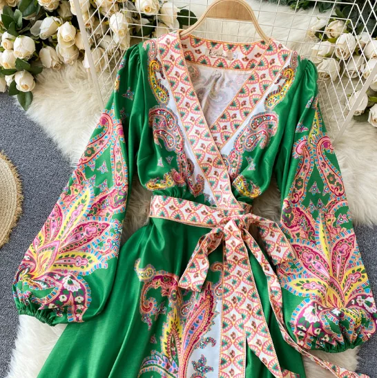 Новинка Весна 2021, женское цельное платье с запахом и винтажным принтом, длинное платье с юбкой