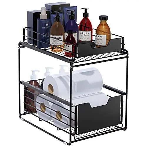 Black Stackable 2 Tire Sliding Countertop Organizer Under Sink Storage Drawer Shelf for Kitchen Cabinets