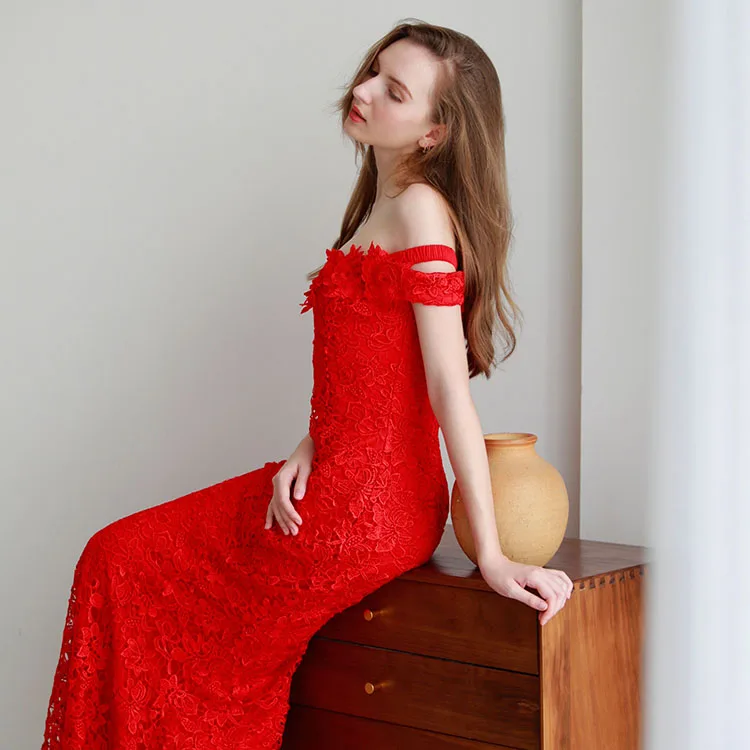 OEM ODM strapless cutty sleeve 3d flowers appliques red women birthday party wear gown dress long evening dresses fish cut