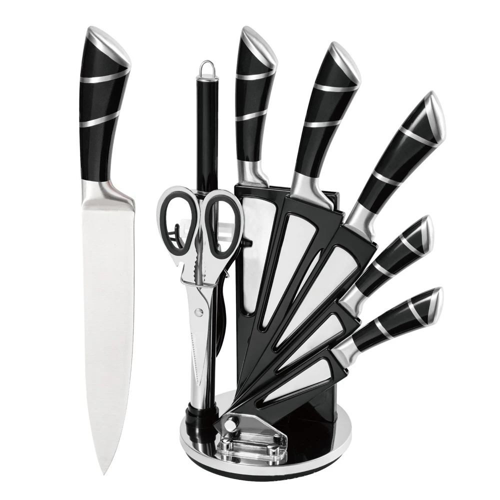 Kitchen 9pcs stainless steel chef sharpener shear peeler kitchen knives set with hollow horseshoe handle