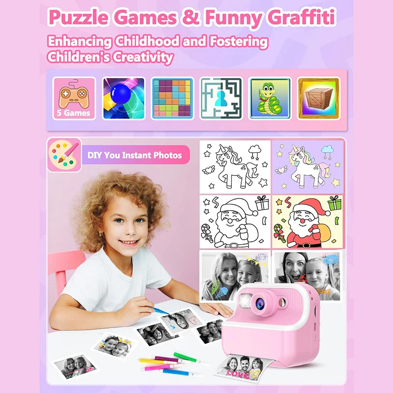 Children Instant Print Camera For Kids HD Mini Camera With Thermal Photo Paper Digital Instant Print Camera 32GB