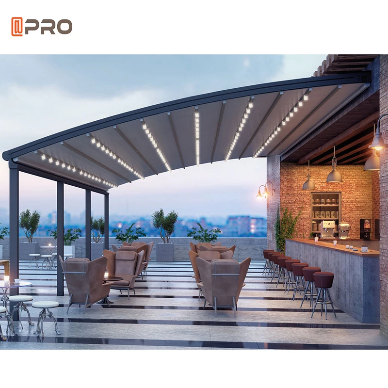 Aluminium Bioclimatic Remote Control Motorized Pvc Roof  Outdoor Pavilion Retractable Pergola with light
