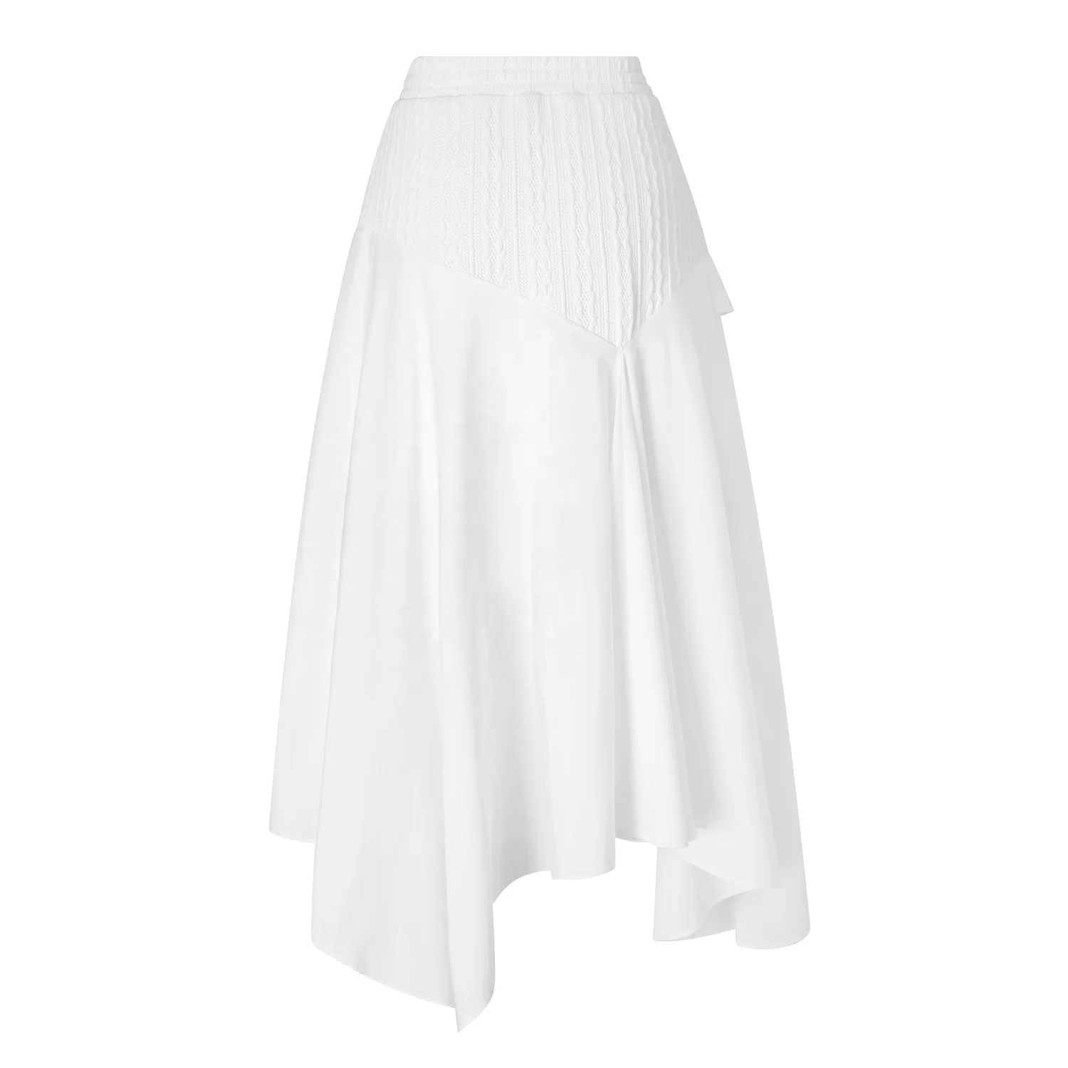 Custom White Office Elegant Ladies Latest Design Vintage Ruffle Hem Asymmetric Cable Knit Wool Cotton Poplin Midi Skirt Women