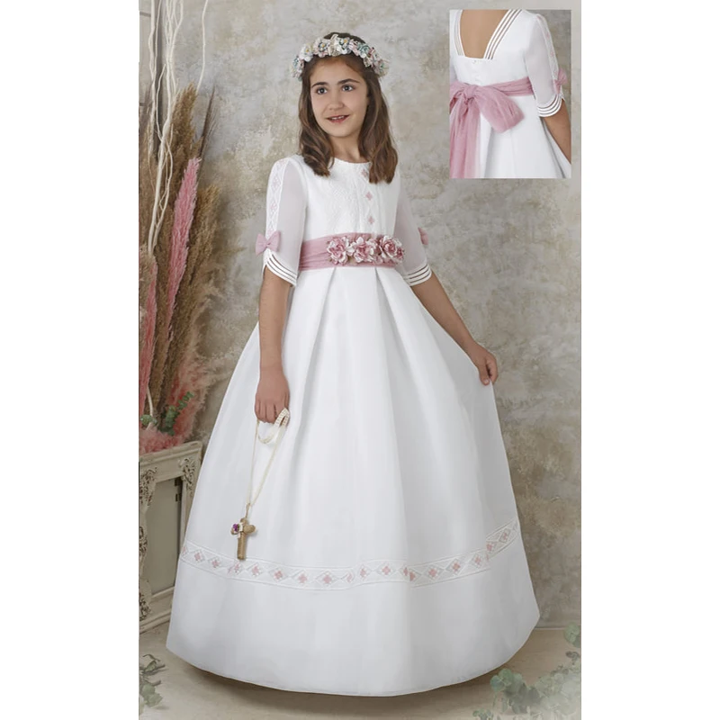 Элегантные кружевные атласные платья для первого причастия с коротким рукавом и цветами ручной работы до пола модное платье девочек цветочным принтом
