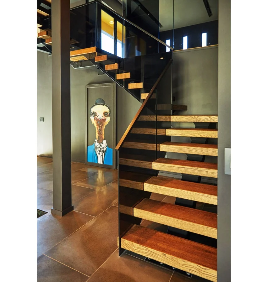 Elegant Double Slab Beam Staircase Single Acrylic Floating Glass Spiral Staircase Tread House Solid Wood LED Light Stair