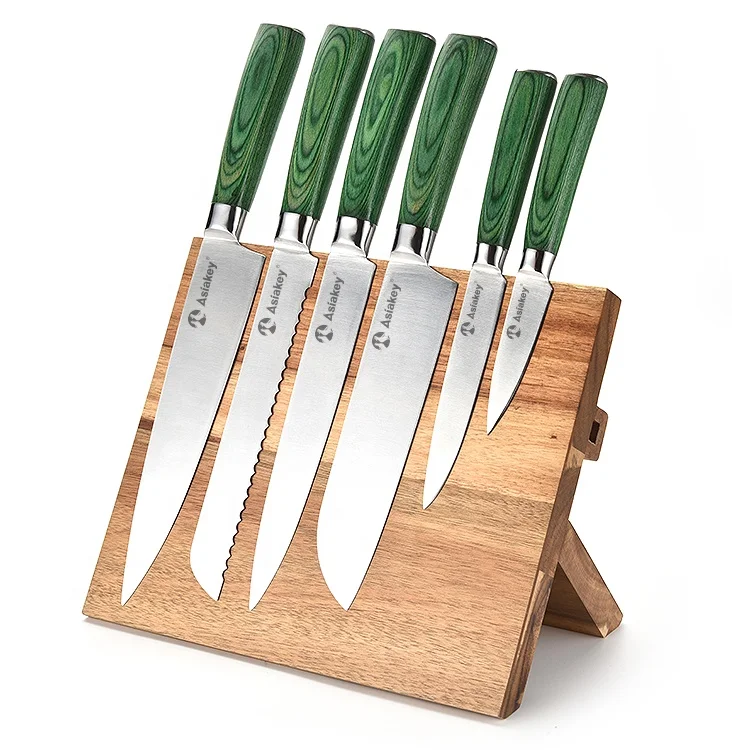 Asiakey Green Pakka Wood Handle 7pcs Knife Set with Magnetic Knife Block Holder