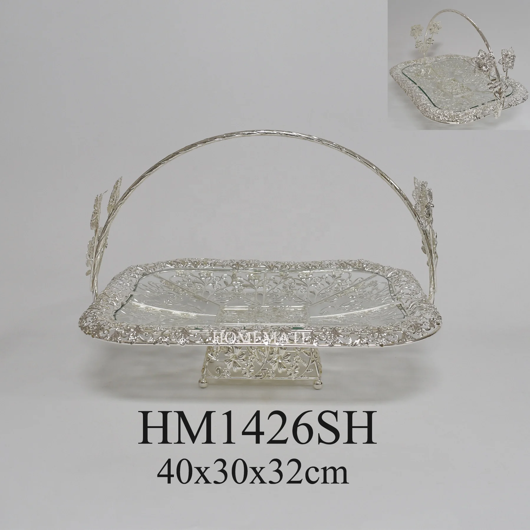 Wholesaler decorative metal silver gold plated glass fruit basket cake stand for wedding party