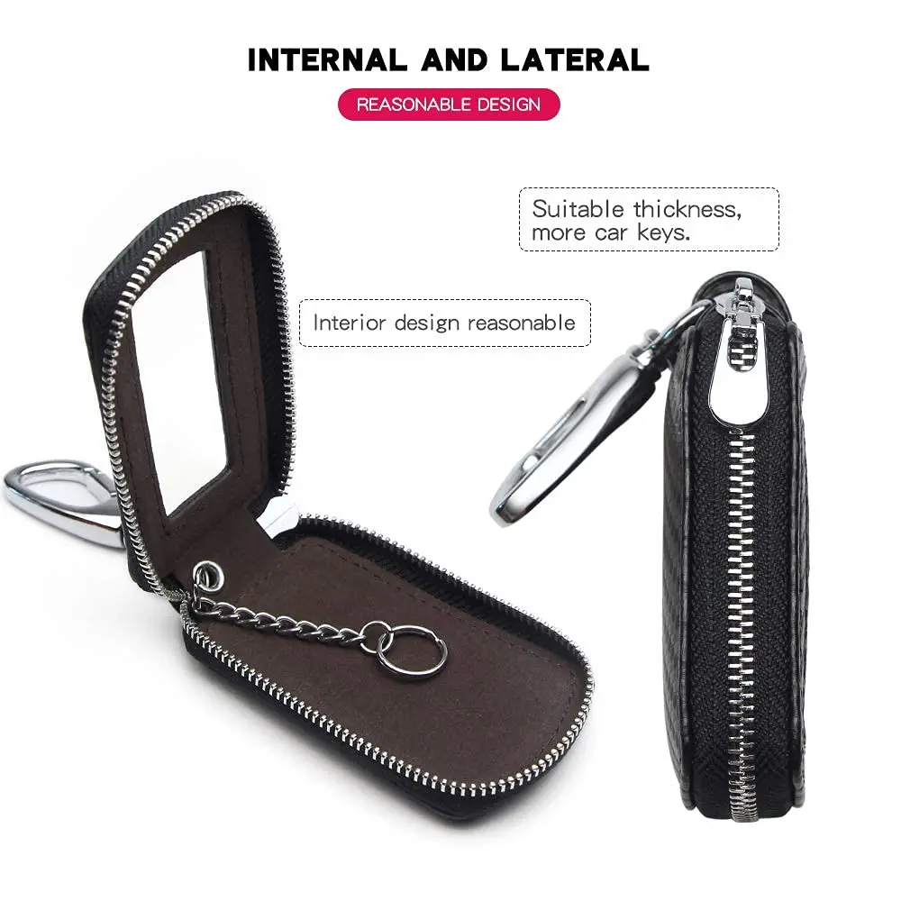 2024 New QQgift OEM Custom Black Car Key Case Genuine Leather Car Smart Key Fob Holder For Remote Carry Storage Key With Zipper