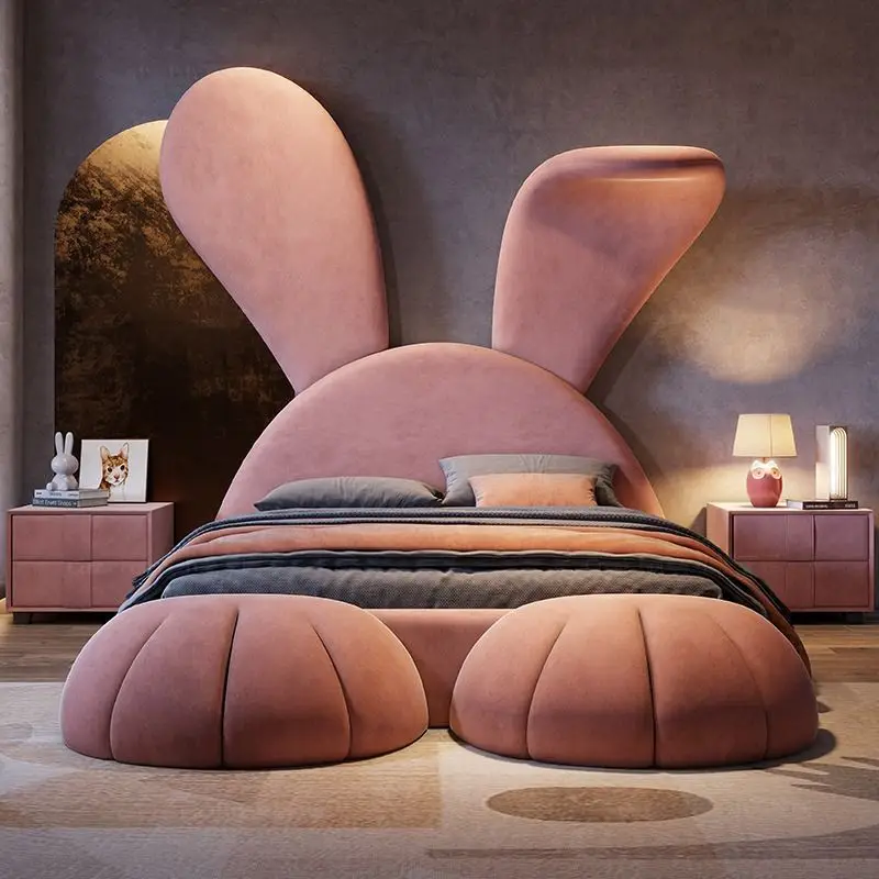 Luxury Children Bed room Furnitures Creative Animal Rabbit Shaped Child Beds The Modern Velvet Metal Frame Leg Kid Bed For Kids