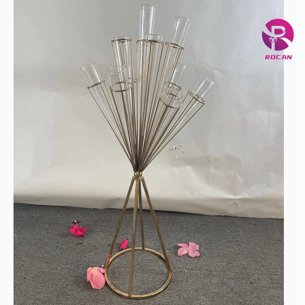 Gold Flower Centerpiece with Glass Tube Flower Vase Table Centerpiece Riser Wedding Supplies