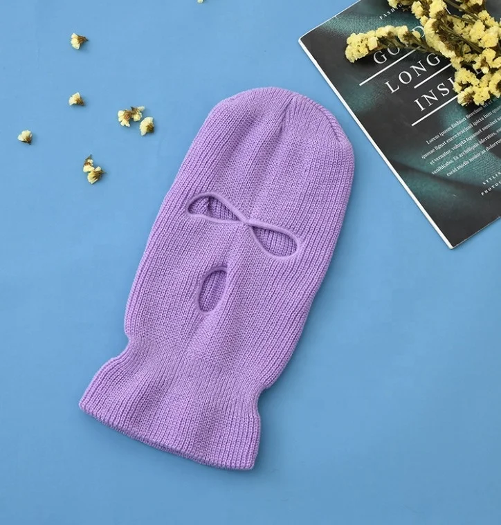 Дешевая оптовая продажа, акриловая вязаная однотонная Лыжная маска с 3 отверстиями, облегающая маска для лица, Балаклава