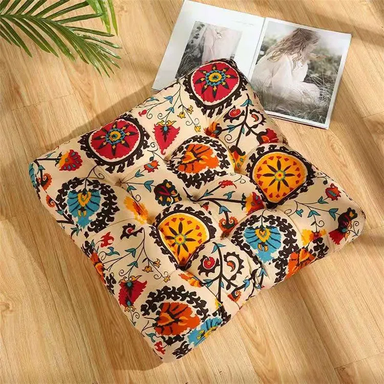 Boho Cushion, Large Pouf Cushion Mandala Floor Pillow Square Meditation Yoga Seating Cushion Cotton Linen Indian Pillow for Home