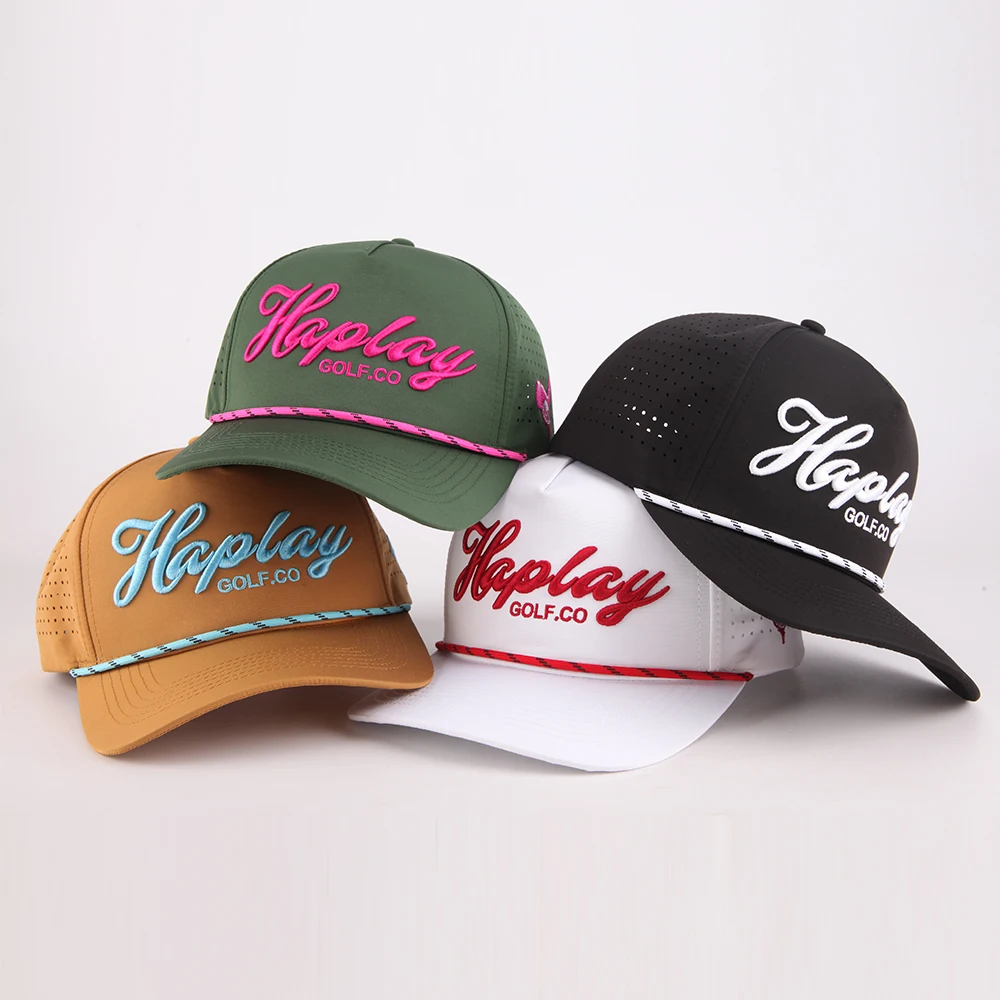 Factory Custom Fashion 3D Embroidery Laser Cut Perforated golf hat 5 Panel Curved Brim mens gorras baseball cap with Rope
