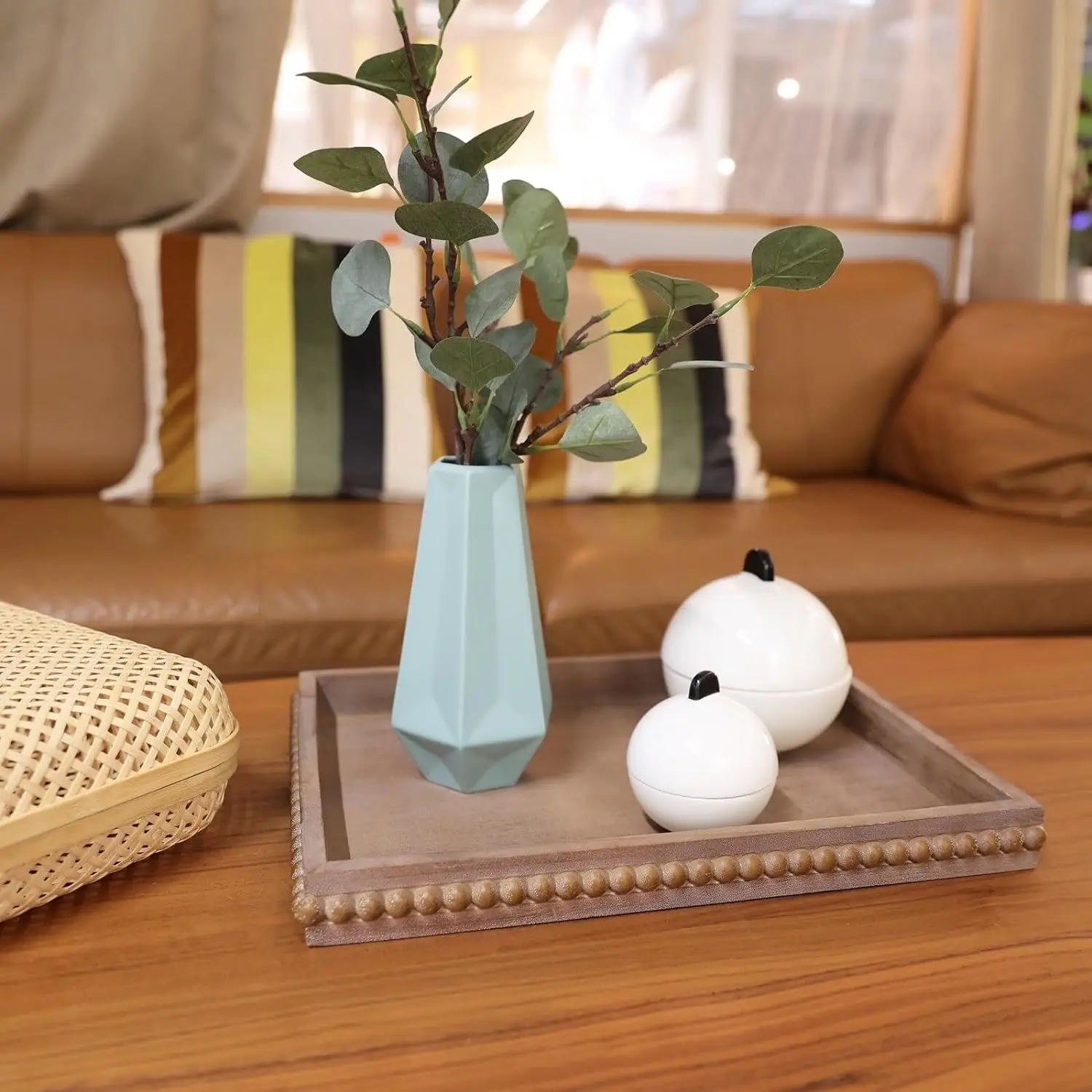 Rustic Wooden Trays Decor Farmhouse Kitchen Decorative Serving Tray Wood White Washed Bead Oval Tray for Coffee Table