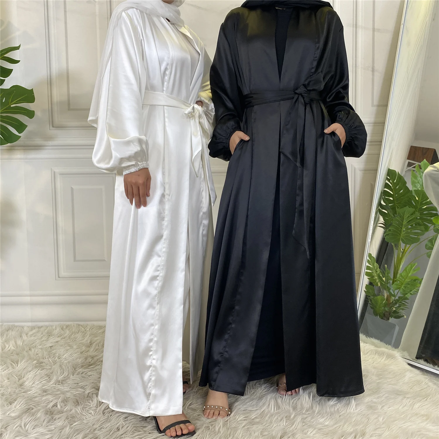 1917# New High Quality Satin Islamic Women Solid Color Fashion Clothing Front Open Abaya Long Kaftan Muslim Dress Dubai