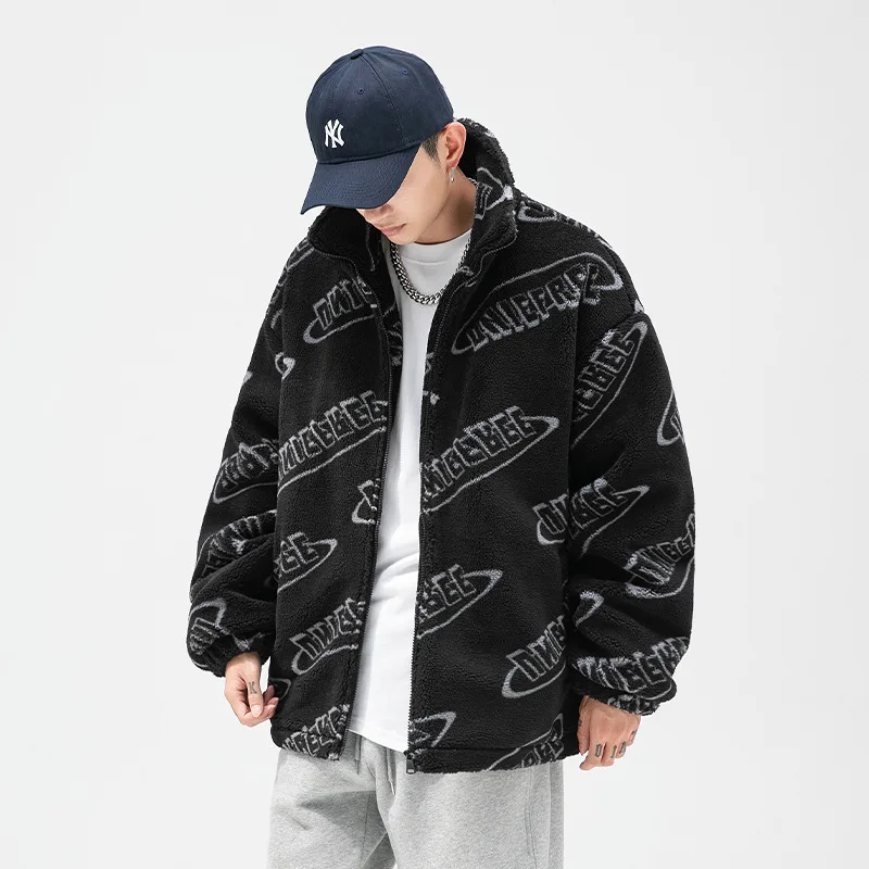 Stand Collar Sherpa Outerwear Lambs Wool Allover Print Logo Shearling Winter Fleece Jacket Men Lamb Fur Jackets