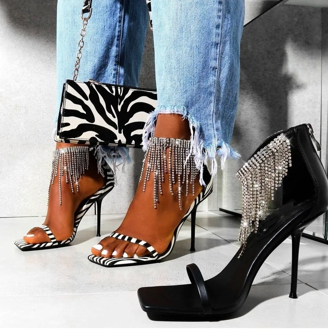 Fashion Design Zebra Pattern Open Toe Single Band Lady Dress Sandals High Stiletto Heel Rhinestone Tassel Back Zip Women Sandals