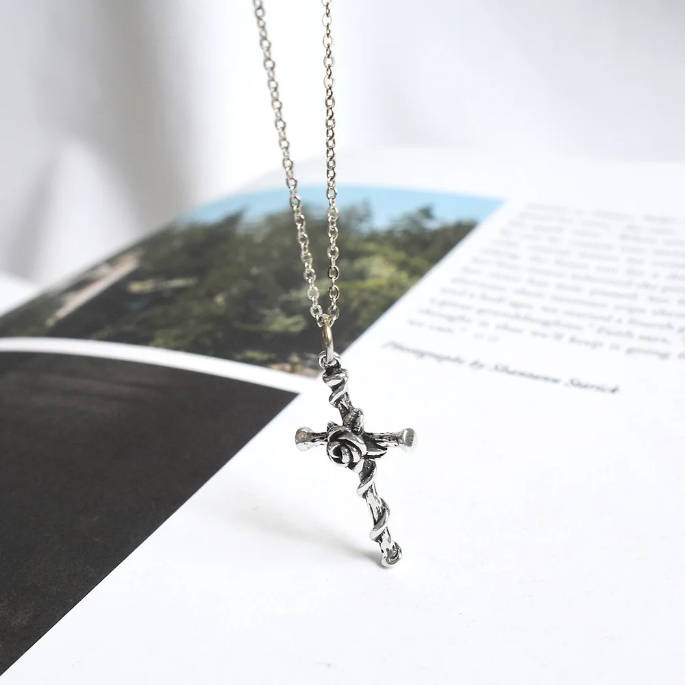 
Vintage Fashion Chain Jewelry 925 Silver Sterling Jesus Cross Rose Flower Pendant Necklace 