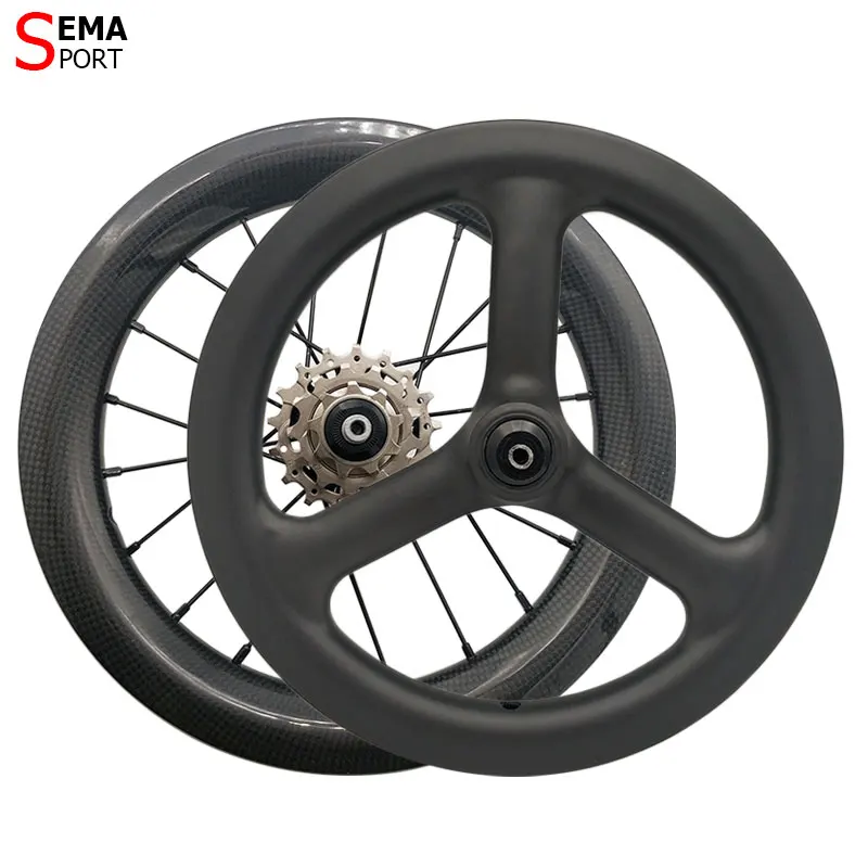 
14 inch wheels folding bike trispoke 3spoke carbon rim 74mm 85mm bicycle parts v brake 