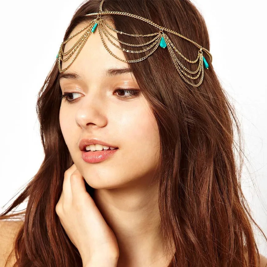 Women fashion gold multi-layer chain turquoise water drop forehead headpiece baroque headbands