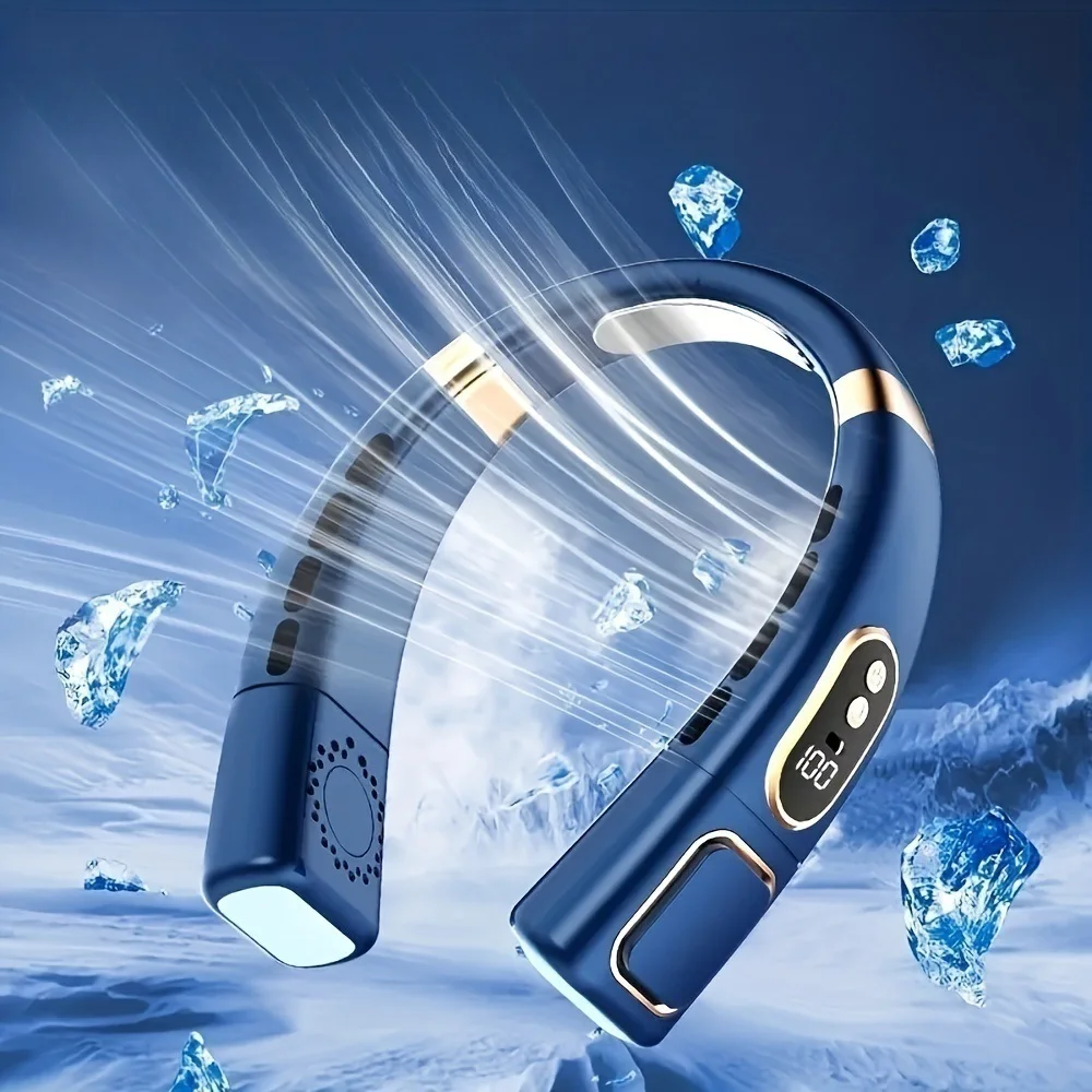 Multifunction USB Rechargeable Portable Leafless Electric Emergency Fan With Display RGB Light For Indoor Outdoor Hanging Neck