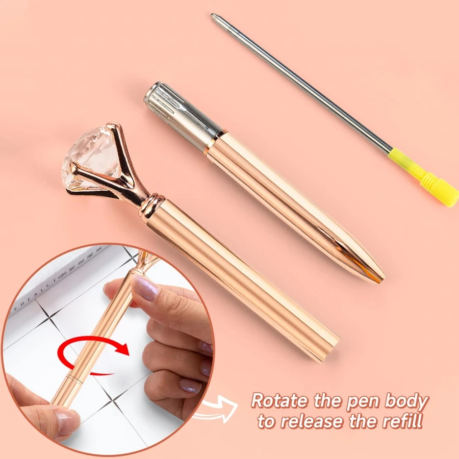 Girls Rose Gold Ballpoint Pens Metal Crystal Diamond Pen Pretty Cute Fancy Liquid Sand Glitter Black Ink Pens for Journaling