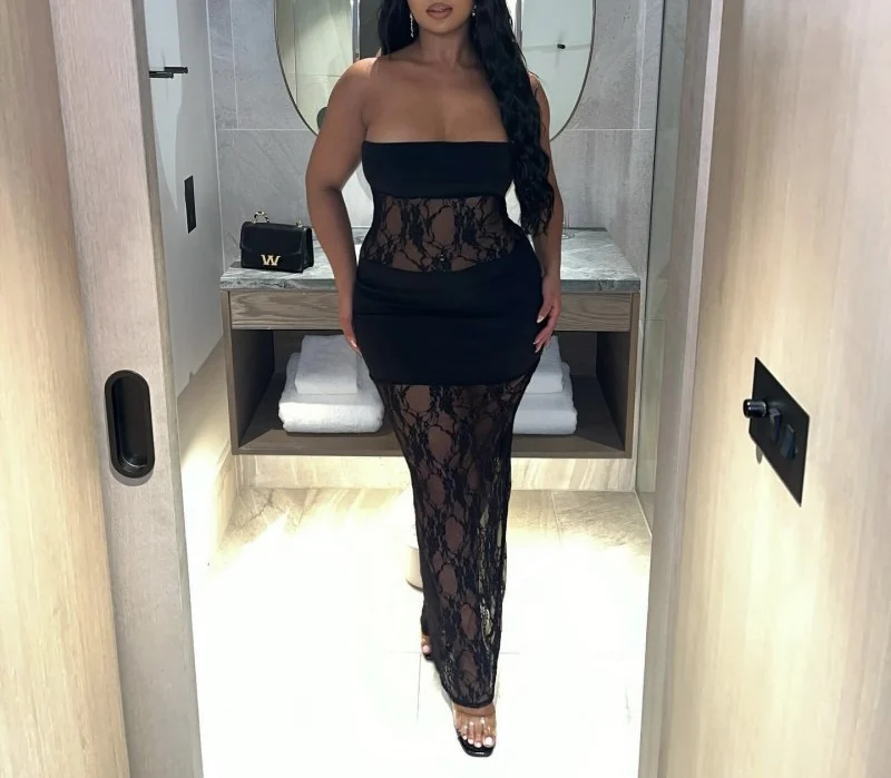 Summer Floral Lace Dress Women High Quality Elegant Mid-Calf Tulle Mesh Patchwork Sexy Bodycon Dress Stylish Club