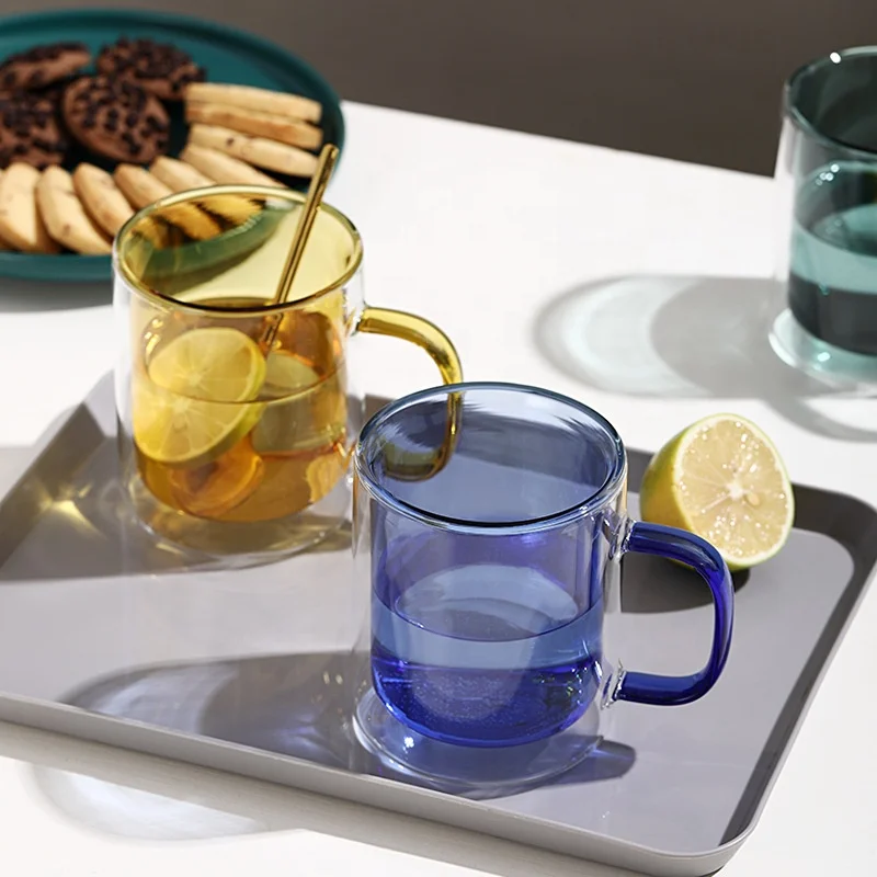 Clear borosilicate double wall color glass mug with handle
