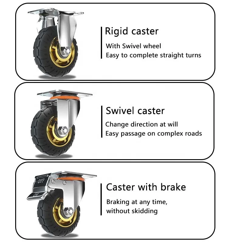 3 4 5 6 8 Inch Foam Rubber Heavy Duty Wheel Caster Solid core Large Machines Plant Workshop Soft Wheels Side Brake Caster