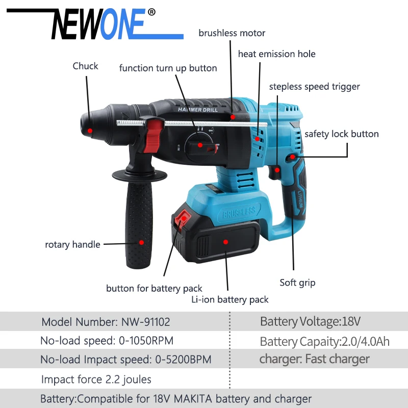 NEWONE Brushless cordless Rotary Hammer drill Impact function drill electric Hammer for 18V MAKITA battery