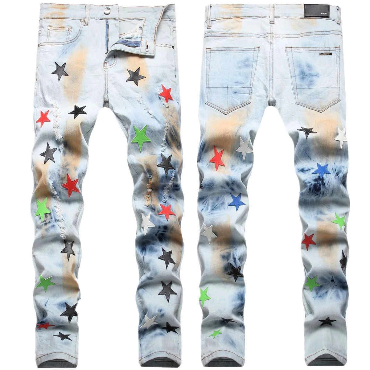 Design Streetwear Men Stars Patches Stretch Denim Jeans Tie Dye  Patchwork Pants Ripped Distressed Slim Straight Trousers