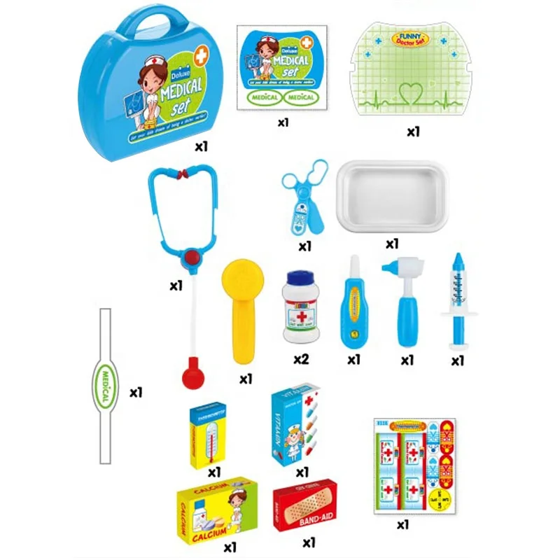 Blue suitcase child doctor 18 pieces plastic medical pretend toy set