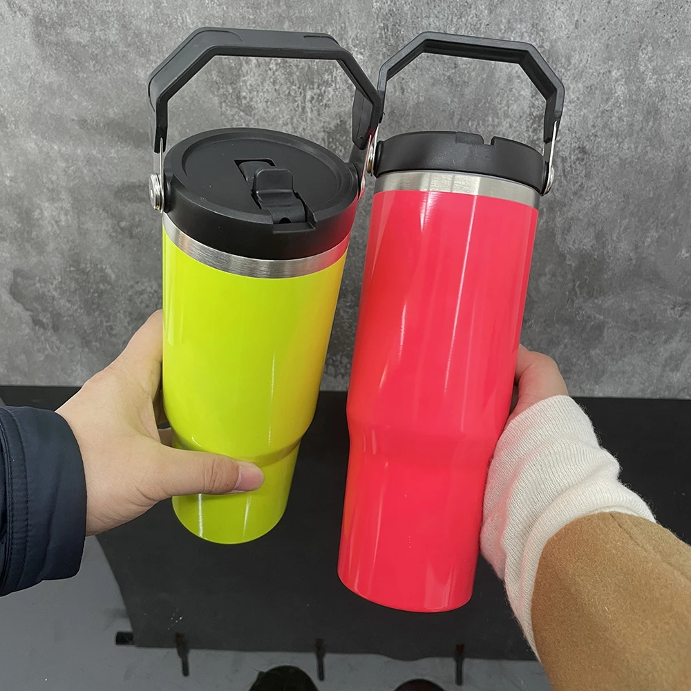 New Arrival Neon 30Oz Insulated Sublimation Tumbler With Swing Handle Lid Stainless Steel 30 Oz Sublimation Flip Straw Tumbler
