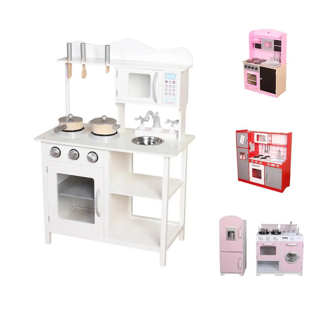 Low price kids pretend play wooden toy kitchen set with 5pcs silver utensils wooden simulation pretend cooking kitchen toy
