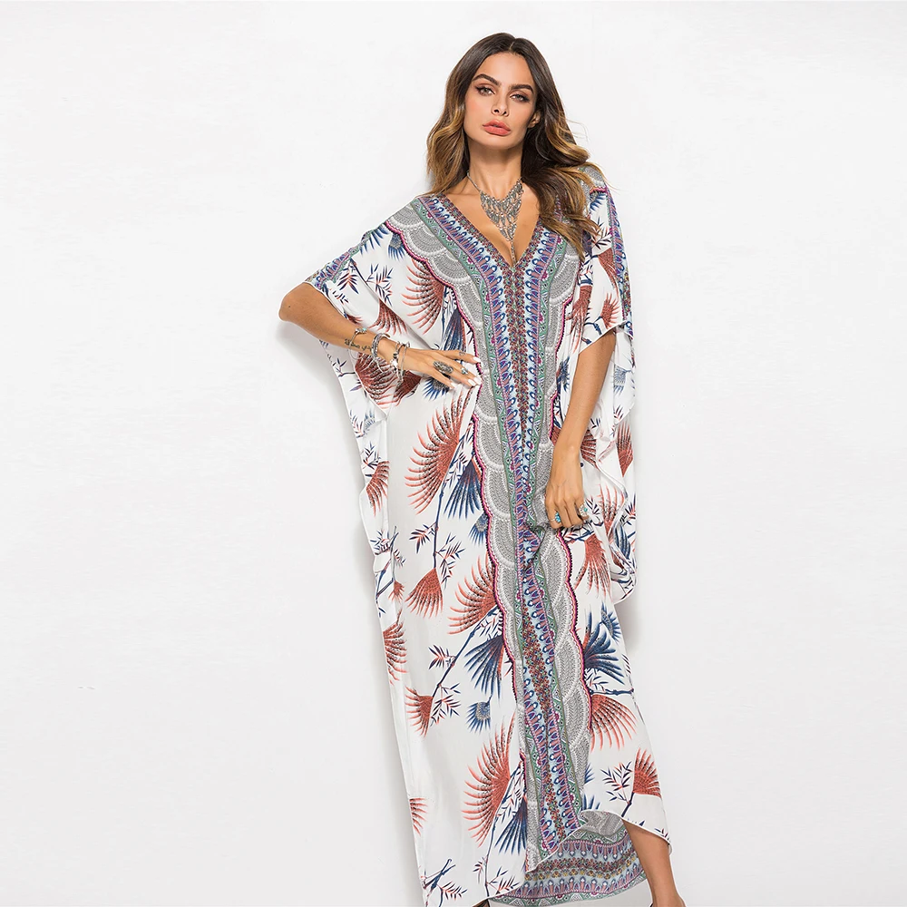 NO MOQ Loose Batwing Sleeve Robe Kaftan Dress Women V Neck Long beach dress cover up Summer Floral Gown Maxi Female Dresses