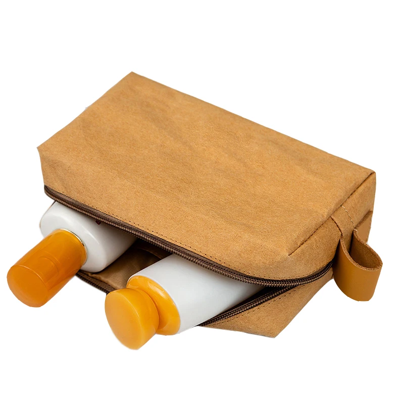 Custom logo retro ecofriendly recyclable DuPont paper travel cosmetic bags vintage brown washable kraft paper makeup zipper bag