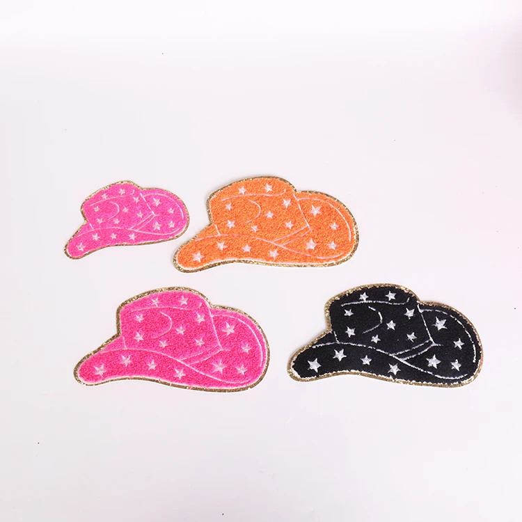 2022 Wholesale hot embroidery iron on patches big heat press gold glitter star cow boy hat shaped chenille patches for clothing