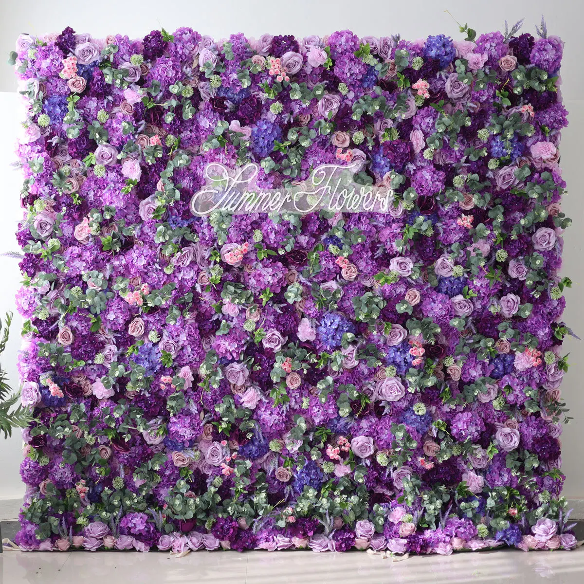 8ftx8ft Fake Green Leaf 3D Hydrangea Purple Blue Flower Wall Backdrop Artificial Fabric Roll Up Flower Wall for Wedding Decor