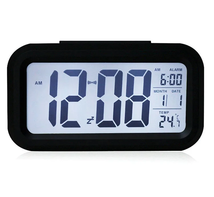 Battery Digital Alarm Clock Large LCD Display Light Sensor Night Light Snooze Table Clock