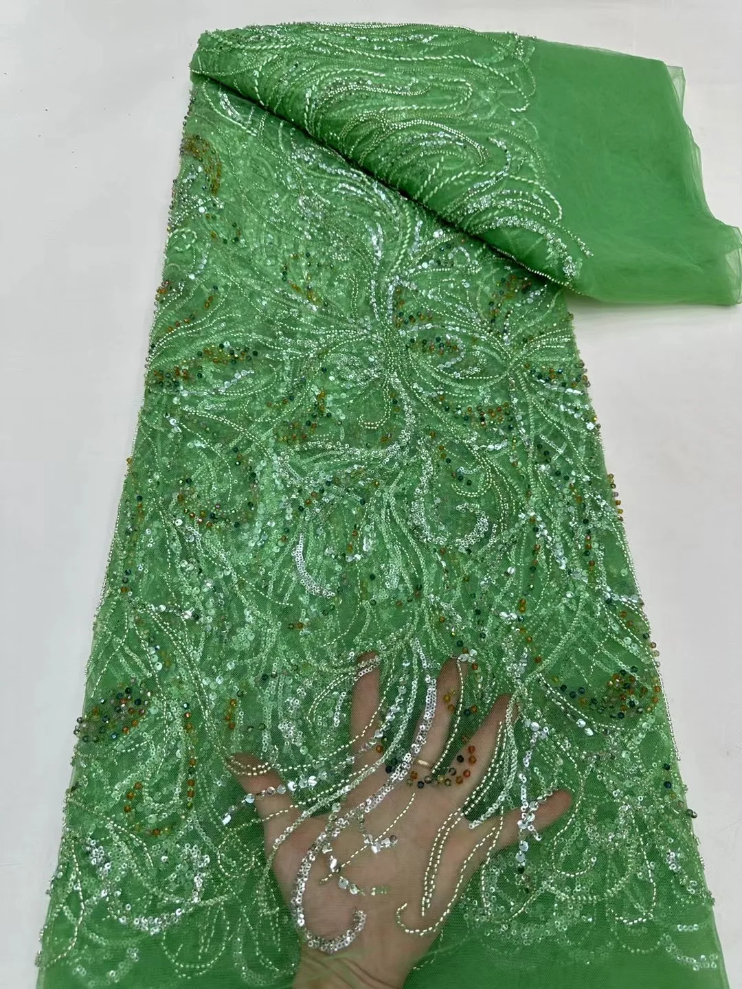 NI.AI Wedding Beaded Net Lace Fabric Embroidered Bridal Shiny Sequin Handmade Lace Fabric With Pearl