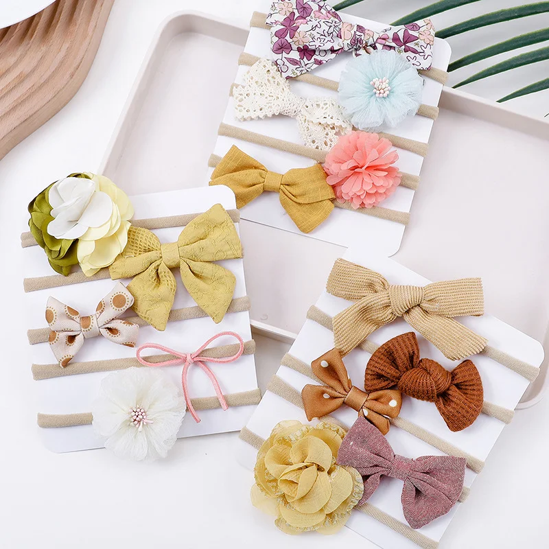Popularity Newborn Baby Hair Accessories Flowers Bow Headband Set Cute Elastic Soft Nylon Baby Girl Bow Hairbands Headband