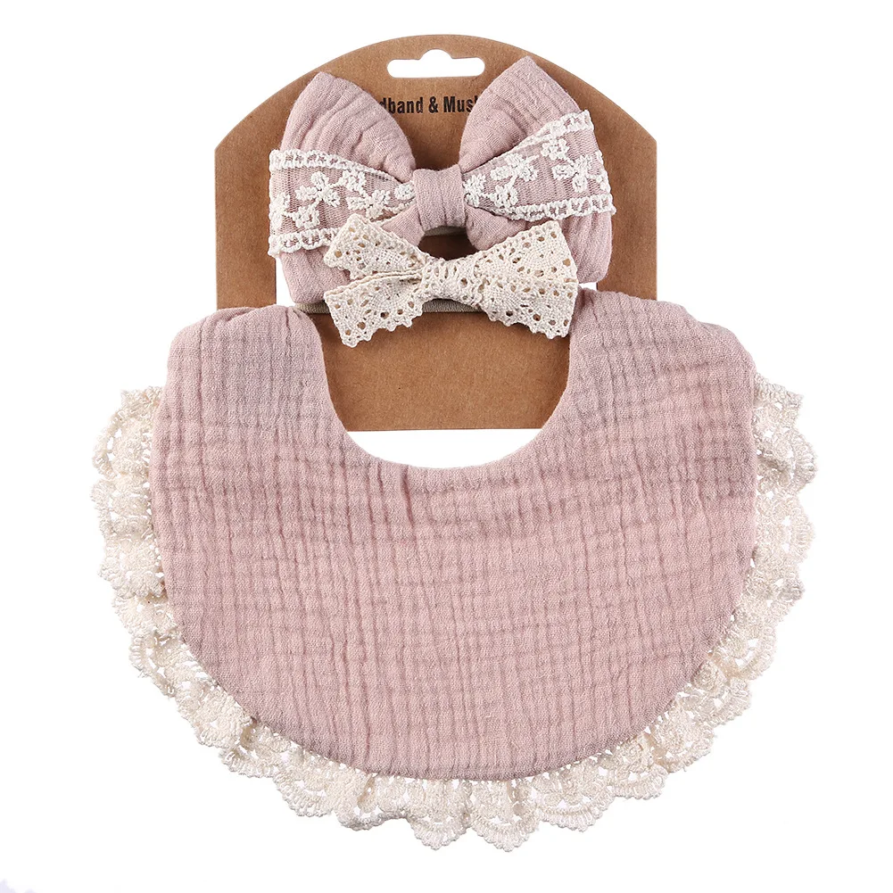 2024 hot sale 3 Pcs Cotton Linen Bib Burp Clothes Newborn Girl double sided solid lace trim drool baby muslin bib and bow