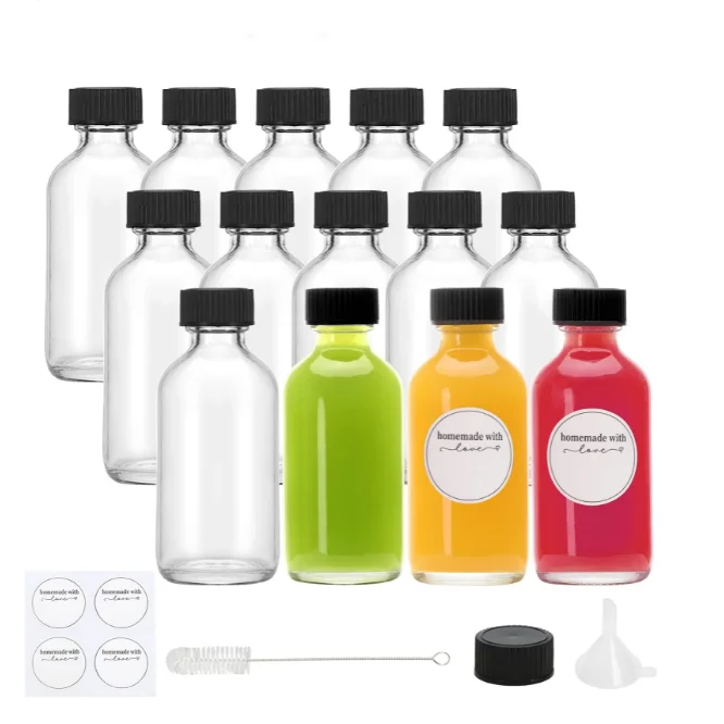 Small mini 60ml 2oz Mini liquid ginger oil glass juice bottle Clear Empty Boston Round Shots Glass Bottles with Caps
